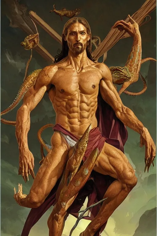 Image similar to fullbody!! dynamic action pose, jesus christ portrayed as a lizard reptile man, lizard head, holy cross, religious, intricate, elegant, highly detailed, digital painting, artstation, concept art, smooth, sharp focus, illustration, art by artgerm and greg rutkowski and alphonse mucha