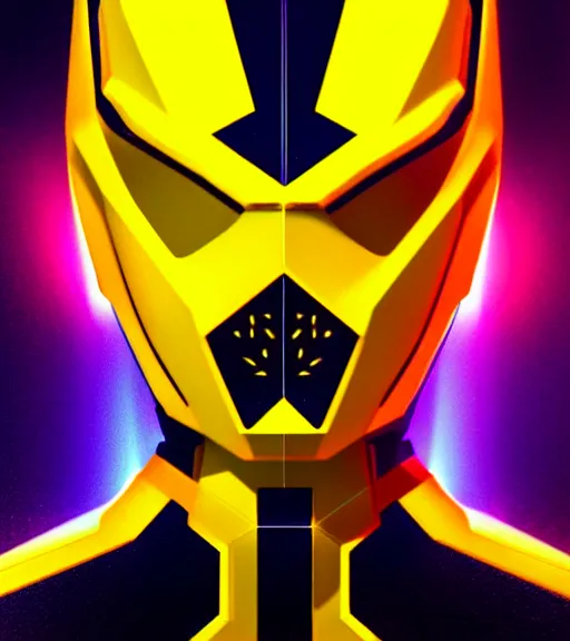 Prompt: symmetry!! yellow ranger, thunderbolt shaped viser!! solid cube of light, hard edges, product render retro - futuristic poster scifi, lasers and neon circuits, yellow ranger, intricate, elegant, highly detailed, digital painting, artstation, concept art, smooth, sharp focus, illustration, dreamlike, art by artgerm