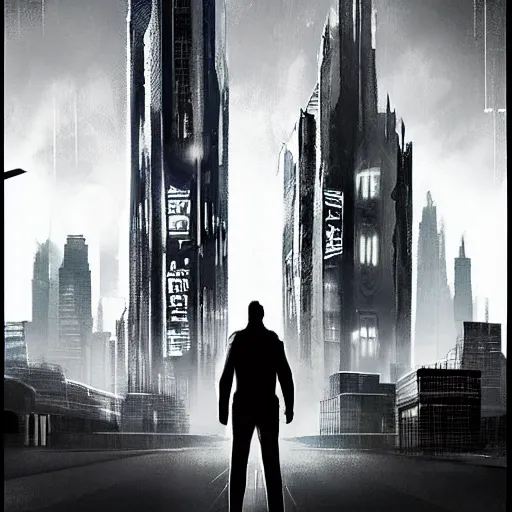 Prompt: The image is set in a dark, futuristic cityscape. The buildings are tall and imposing, and there is a sense of danger and mystery in the air. The main character is walking through the streets, looking around warily. There is a bright light in the sky, and the character's face is illuminated by it. Panavision C Series Anamorphic Lenses, Eastman Color Negative II 100T 5247/7247 Film