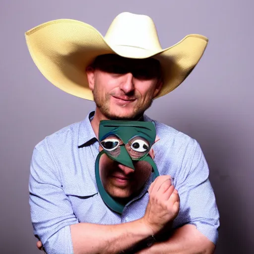 Image similar to Tim Robinson wearing a cowboy hat and eye mask disguise