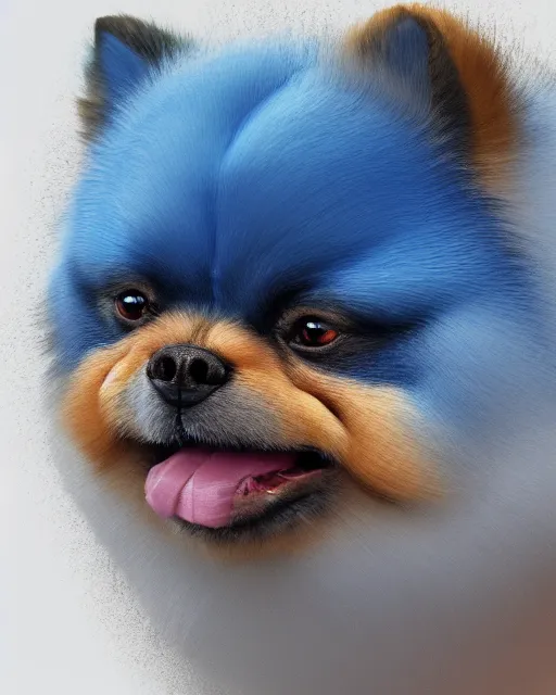 Prompt: gold, blue, head to shoulders illustration of a fat angry pomeranian, 3 d, 8 k, extremely detailed, artstation