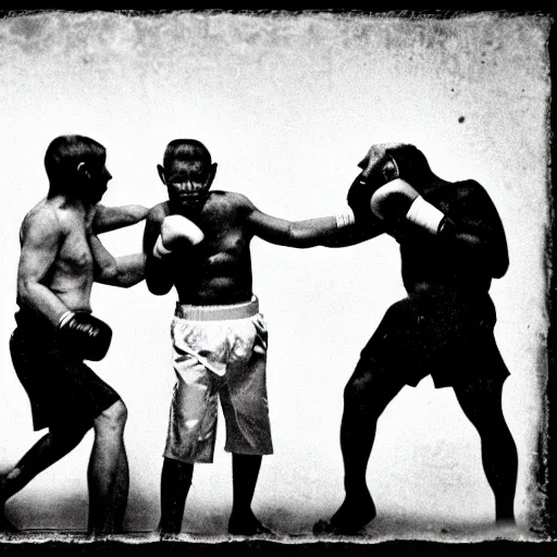 Prompt: boxing monkeys, old photo,