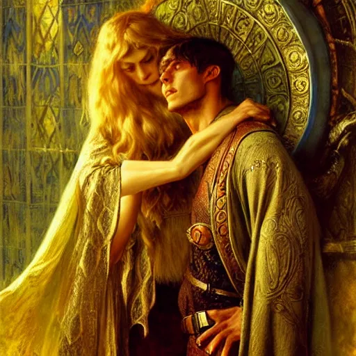 Image similar to handsome arthur pendragon in love with handsome merlin the mage. merlin is also in love with arthur. highly detailed painting by gaston bussiere, craig mullins, j. c. leyendecker