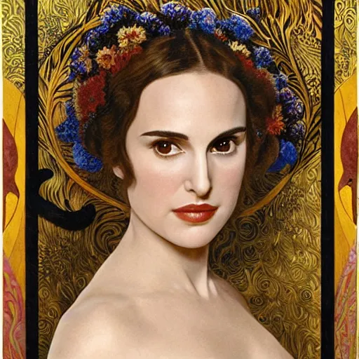 Prompt: a closeup portrait of a young natalie portman, art nouveau, jugendstil, decorative background, spirals, painted by klimt