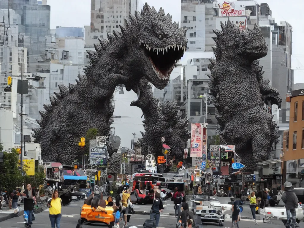 Prompt: Town running terrified from a giant inflatable Godzilla