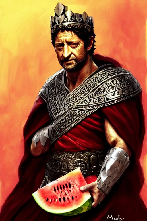 Image similar to portrait gerard butler as a greek king sitting on a watermelon, greek, intricate, headshot, key visual, conceptart, ambient lighting, highly detailed, digital painting, artstation, concept art, sharp focus, by makoto shinkai and akihiko yoshida and greg manchess