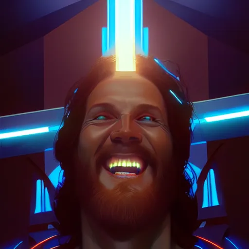 Prompt: tron legacy jesus laughing at church, diffuse lighting, hyper realistic, concept art, intricate, hyper detailed, smooth, sharp focus, illustration, trending on artstation, art by greg rutkowski and james gurney and alphonse mucha