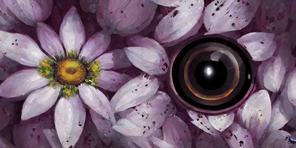 Image similar to close up of a beautiful flower with robot eyes in the middle by Greg rutkowski