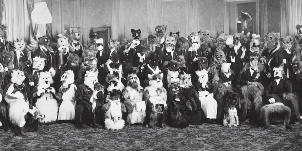 Prompt: a furry convention taking place in a luxury hotel, 1 9 0 0 s photograph