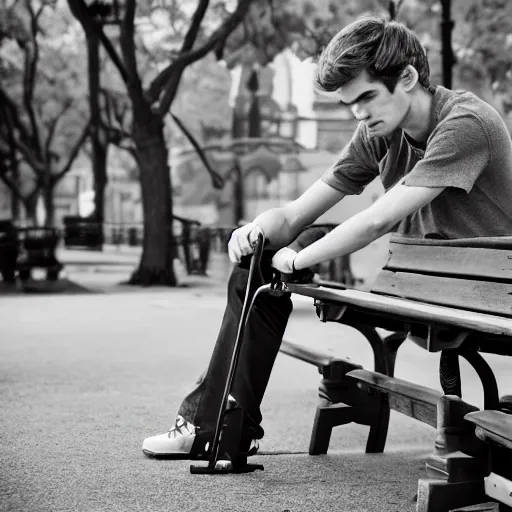 Prompt: photo of sad teenage andrew garfield sitting on a bench in a park, two crutches near bench, wearing shirt and trousers, street of moscow, shallow depth of field, cinematic, 8 0 mm, f 1. 8