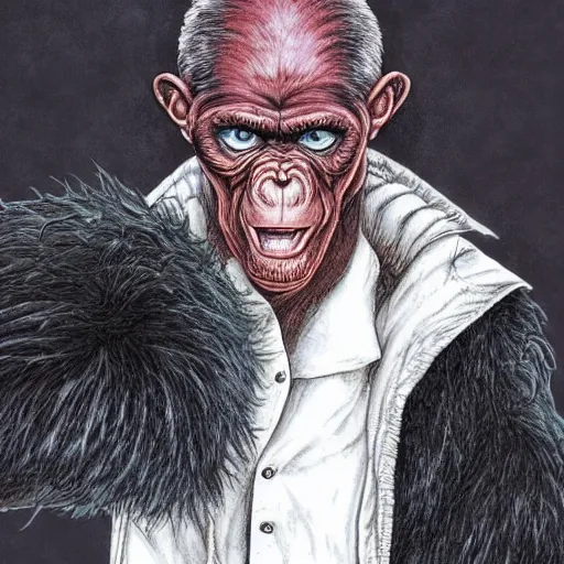 Image similar to ripped physique telekinesis man disguised as a chimpanzee whilst wearing a white jacket jean sebastien rossbach jeff easley jen bartel staedtler