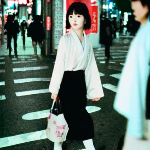 Image similar to japanese version of emma watson, in tokyo at night, film still, cinestill 8 0 0,