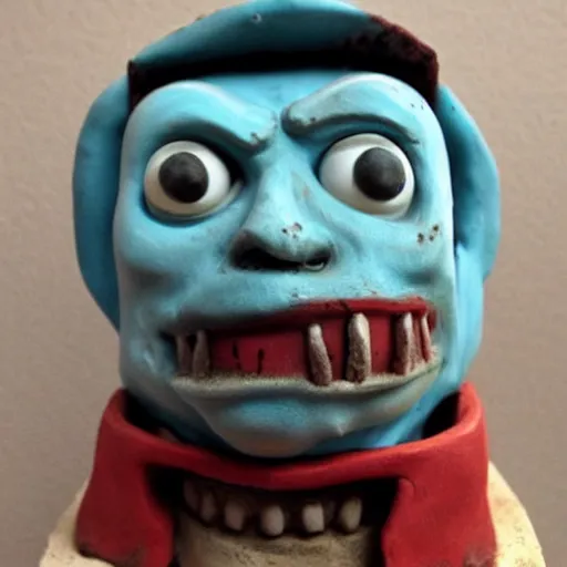 Image similar to thomas the tank engine, zombie, scary, clay sculpture