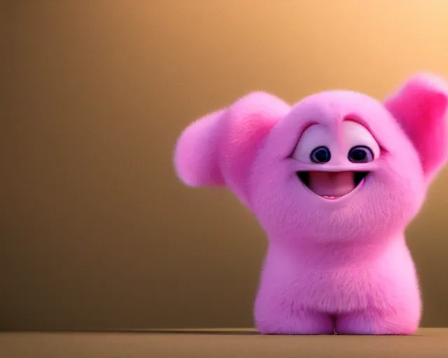 Prompt: 3D Pixar movie animation render of the cutest little pink fluffy creature with a big lovely grin smile sweet adorable cherub, octane render, pastel colors, soft clouds and soft gradient background