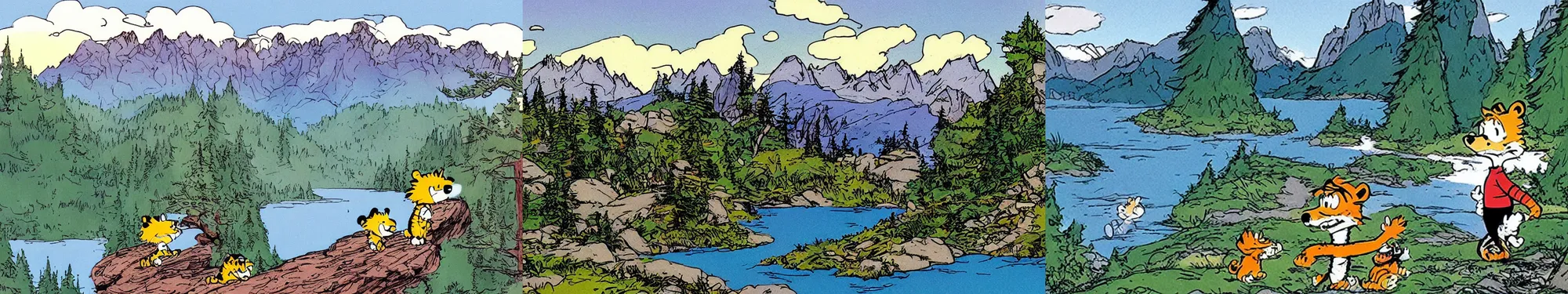 Prompt: lakeside mountains, by bill watterson ( calvin & hobbes )