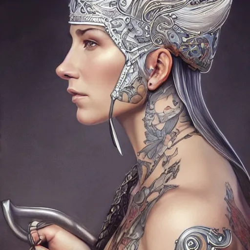 Image similar to an attractive young tattooed female with piercings wearing an white ornate metallic helmet, evangeline lilly, olive skin, long dark hair, beautiful bone structure, intricate, elegant, highly detailed, digital painting, artstation, concept art, smooth, sharp focus, illustration, art by artgerm and greg rutkowski and alphonse mucha