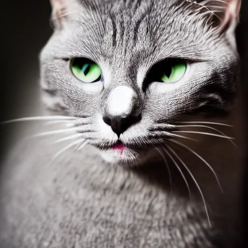 Image similar to portrait of an confused crazy gray cat using with clothes, (EOS 5DS R, ISO100, f/8, 1/125, 84mm, postprocessed, crisp face, facial features)