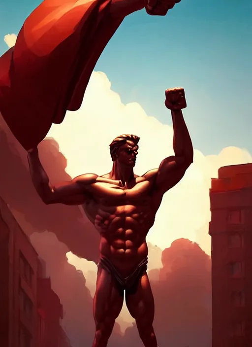 Prompt: statue of a victorious spartan raising his fist to the sky, heroic, glorious, in the style of artgerm, gerald brom, atey ghailan and mike mignola, vibrant colors and hard shadows and strong rim light, plain background, comic cover art, trending on artstation