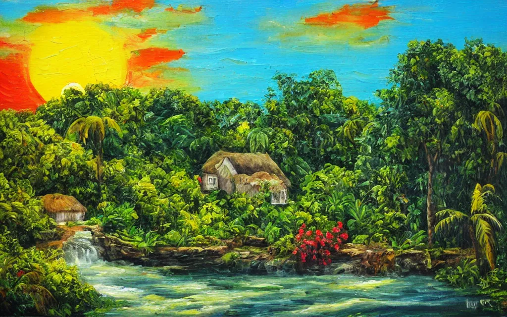 Image similar to an island with a cozy cottage, tropical forest, river, waterfall, windmill, garden courtyard, sunset, puffy clouds, oil impasto painting