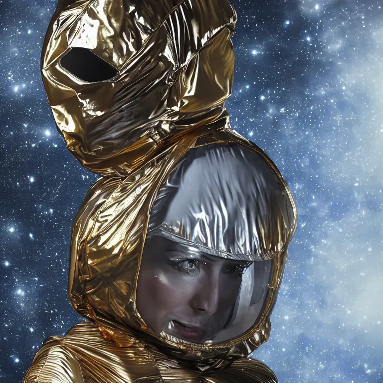 Image similar to octane render portrait by wayne barlow and carlo crivelli and glenn fabry, subject is a woman covered in folded aluminum foil space suit with a colorful metallic space helmet, floating inside a futuristic black and gold space station, cinema 4 d, ray traced lighting, very short depth of field, bokeh