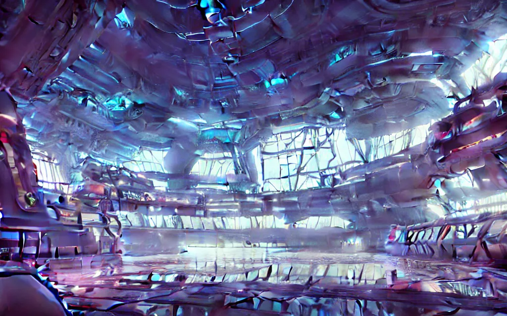 Image similar to A beautiful painting of interior hangar of a futuristic science fiction space station, intricate, highly detailed, digital painting, illustration, artgram, by beeple, studio ghibli, trending on artstation