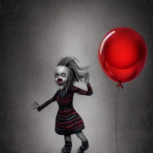 Image similar to surrealism grunge cartoon portrait sketch of a dream with a wide smile and a red balloon by - michael karcz, loony toons style, pennywise style, chucky style, horror theme, detailed, elegant, intricate