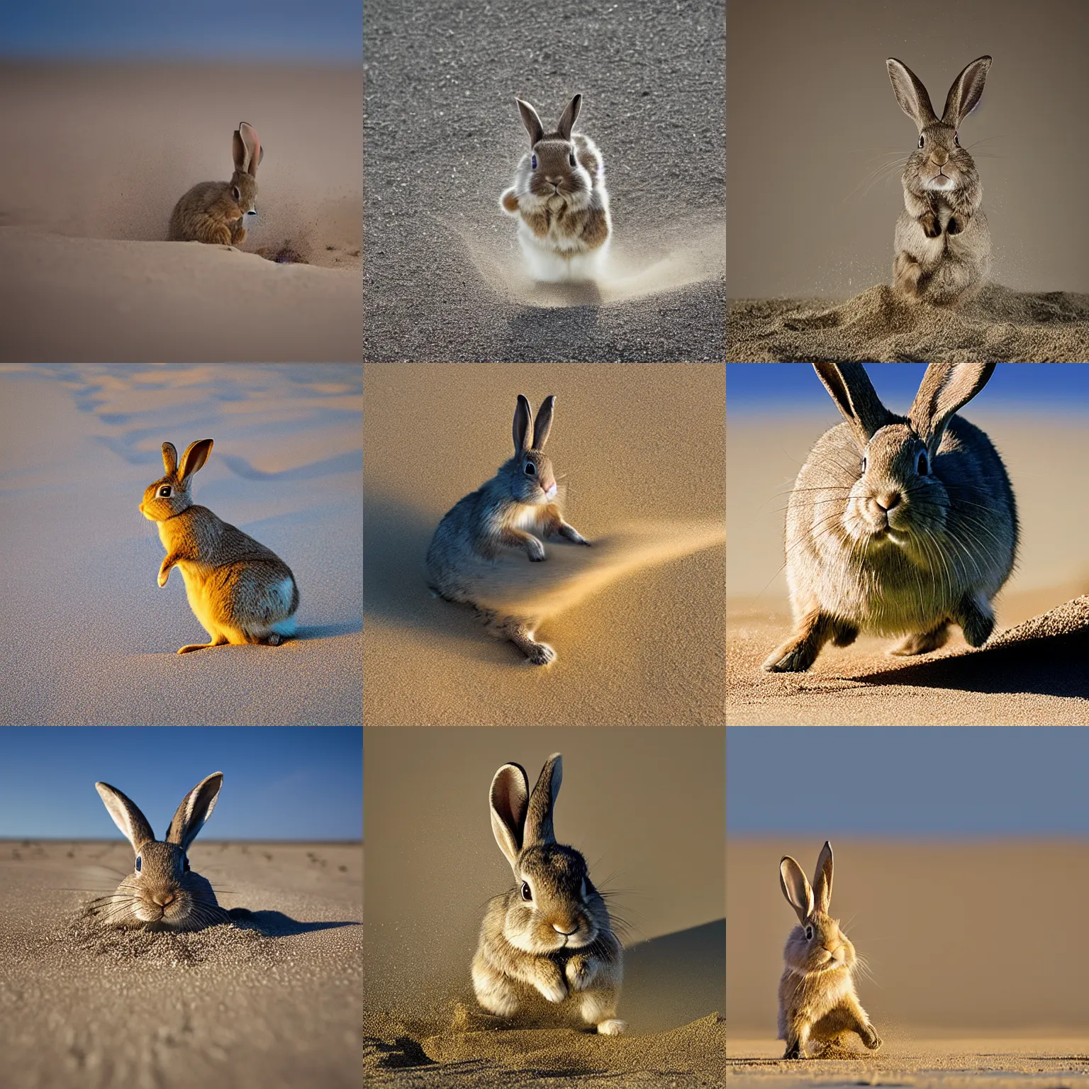 Prompt: award winning wildlife photography, rabbit kicking up sand behind it and it's about to hop away, high shutter speed, wildlife photography by Paul Nicklen, shot by Joel Sartore, Skye Meaker, national geographic, perfect lighting