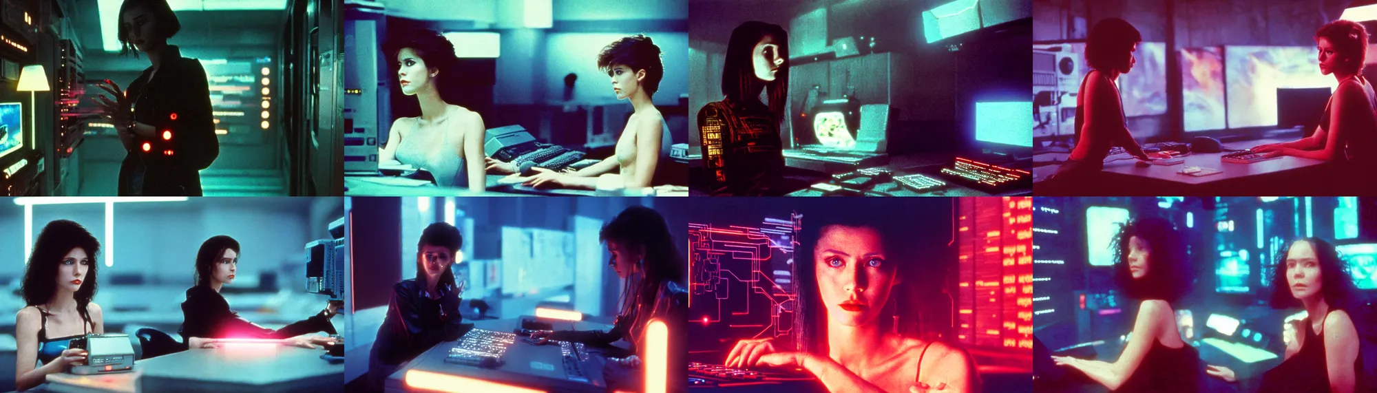 Prompt: 1 9 8 0 s movie still of a beautiful female neuromancer connected to a computer, scifi, cinestill 8 0 0 t 3 5 mm, high quality, heavy grain, neon, cyberpunk, shadowrun, high detail, panoramic, cinematic composition, dramatic light, ultra wide lens, anamorphic, flares