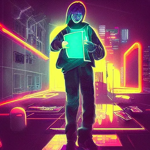 Prompt: “cyberpunk kids with guns and electronic devices, neon lights, sharp, detailed”