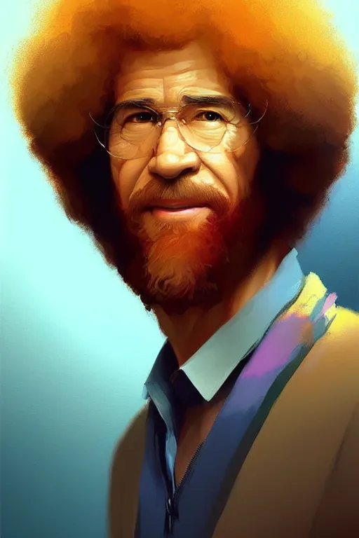 Image similar to portrait of Bob Ross, modern, colourful!! highly detailed, digital painting, artstation, concept art, sharp focus, illustration, by greg rutkowski