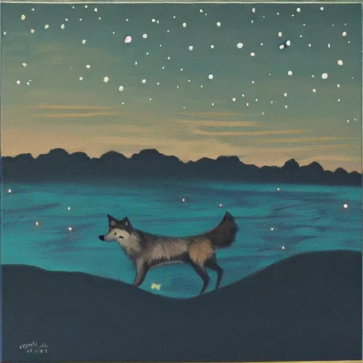 Image similar to wolf okami!!!!!!! resting under a sky full of stars, by a deep!! river, calm, acrylic on canvas