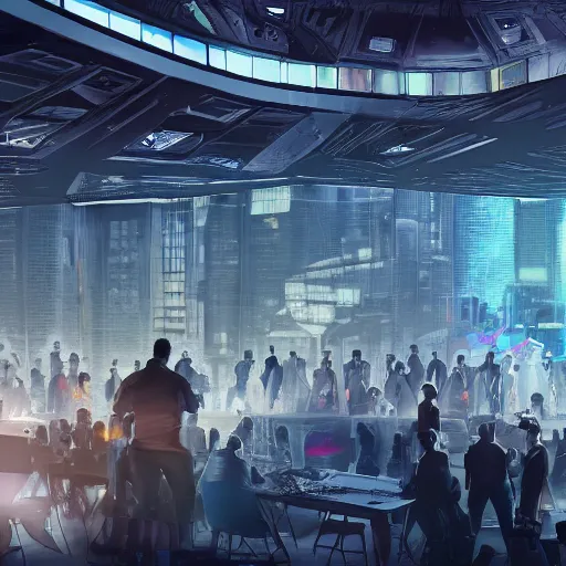 Prompt: large group people in a huge warehouse, gathered around a hologram of futuristic city on a table | cinematic concept art | godrays | 4 k | clear details | tabletop | tabletop