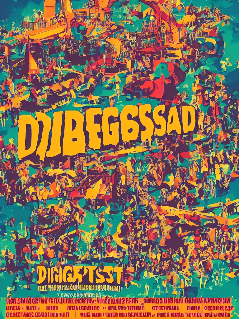 Image similar to poster for the diggerfest festival, digger land amusement park, concert, couple dancing, really good vibes, creative, 2 0 0 0 s, aesthetic