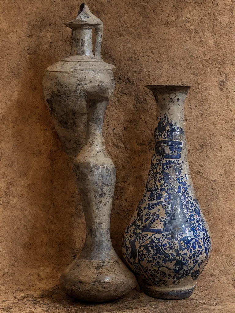 Prompt: a ceramic amphora from Talavera de la Reina covered by iron spikes, surrounded by rats, studio lighting