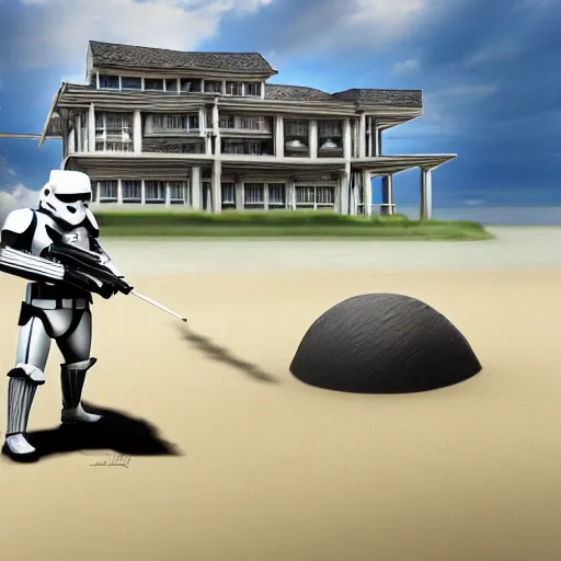 Image similar to An Imperial Stormtrooper dressed as a CEO holding a pencil in a bungalow on the beach, Digital art