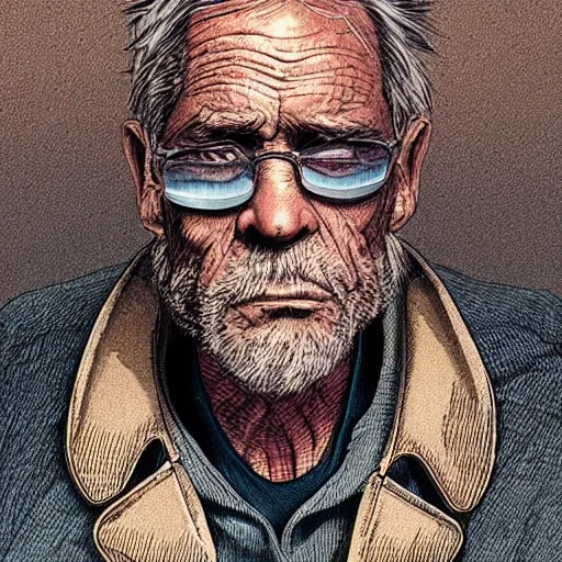 Image similar to “portrait of an old man. High quality sci fi illustration. Mœbius. Gruff looking. Grease. Mechanic. Masterpiece digital art.”