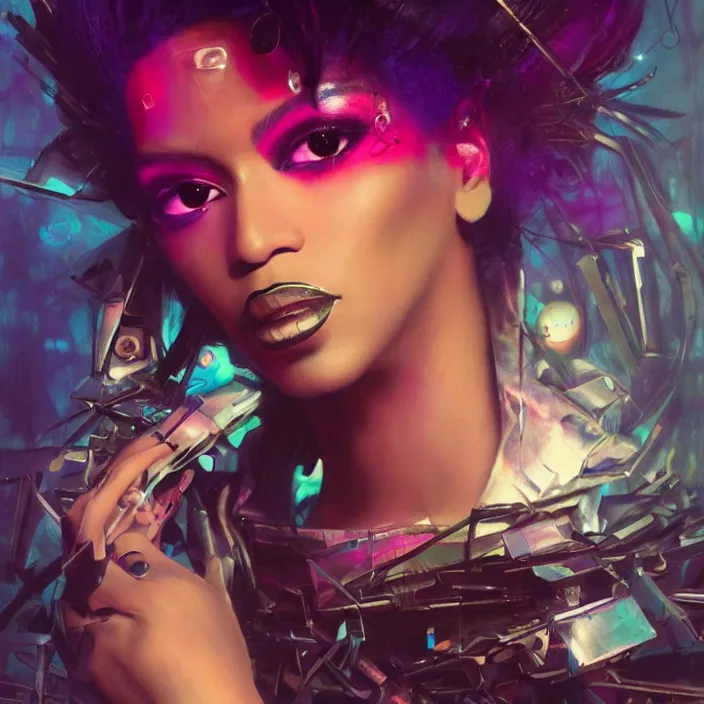 Prompt: fashionable photo of beyonce in futuristic goth make - up, cute, hyperrealistic, cyberpunk, pastel colors, highly detailed, vibrant painting, volumetric light, petite, by wlop, by bruce pennington, by wayne barlowe, by takashi murakami, by john berkey