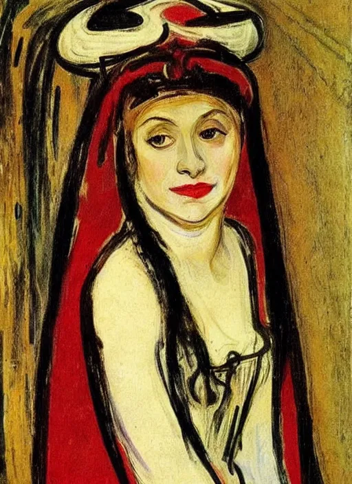 Prompt: portrait of young woman in renaissance dress and renaissance headdress, art by edvard munch