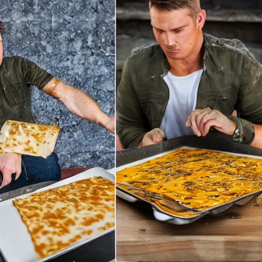 Prompt: a photoshoot of a man covered in melted cheese