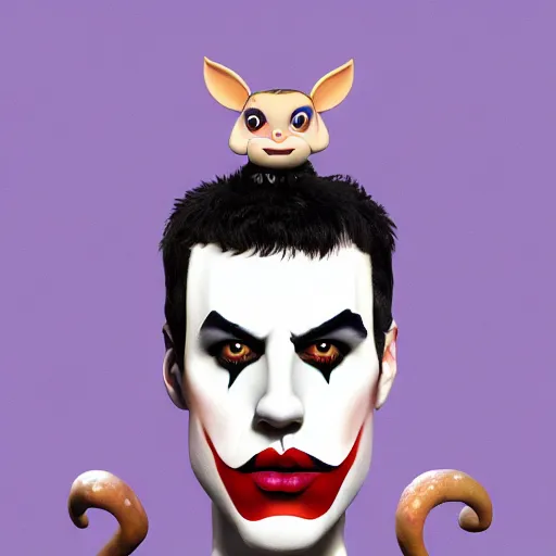 Prompt: Freddy Mercury mix of satyr and joker picture by Pixar, asymmetrical, Organic Painting , Matte Painting, geometric shapes, digital art, trending on artstation, hard edges :2 by Goro Fujita:4