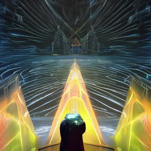 Image similar to A space wizard stand in front of giant, glowing crystal sits in the center of a dark room, Strange symbols line the walls, and a soft light glows from somewhere deep within the room, highly detailed, digital photo, HDRI, by christopher bretz and kael ngu, vivid colors, high contrast, 8k resolution, intricate, photorealistic, smooth, psychedelic color scheme, concept art, award winning, cg society contest winner