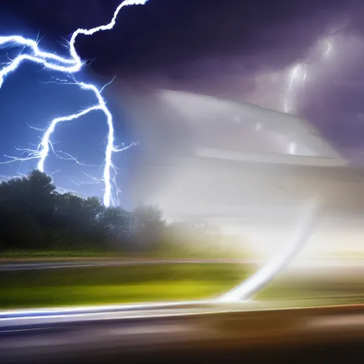 Image similar to futuristic flying car emerging from a circular portal made of lightning in the sky, thunderstorms at night, 8k 28mm cinematic photo