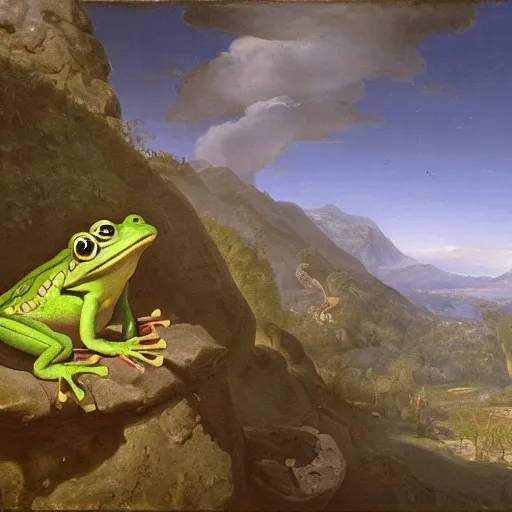 Image similar to a happy frog by Ansel Adams and Bernardo Bellotto, oil on canvas, artstation, dramatic scenery, masterpiece, aesthetic