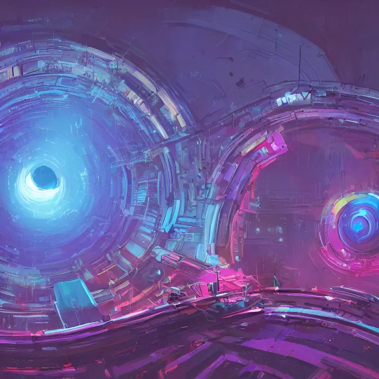 Image similar to a circle!! spiral portal!!! structure floating in space!!, cyberpunk, epic surrealism, indigo, purple, bright red, cyan, detailed digital matte painting in the style of simon stalenhag and painting by ralph mcquarrie