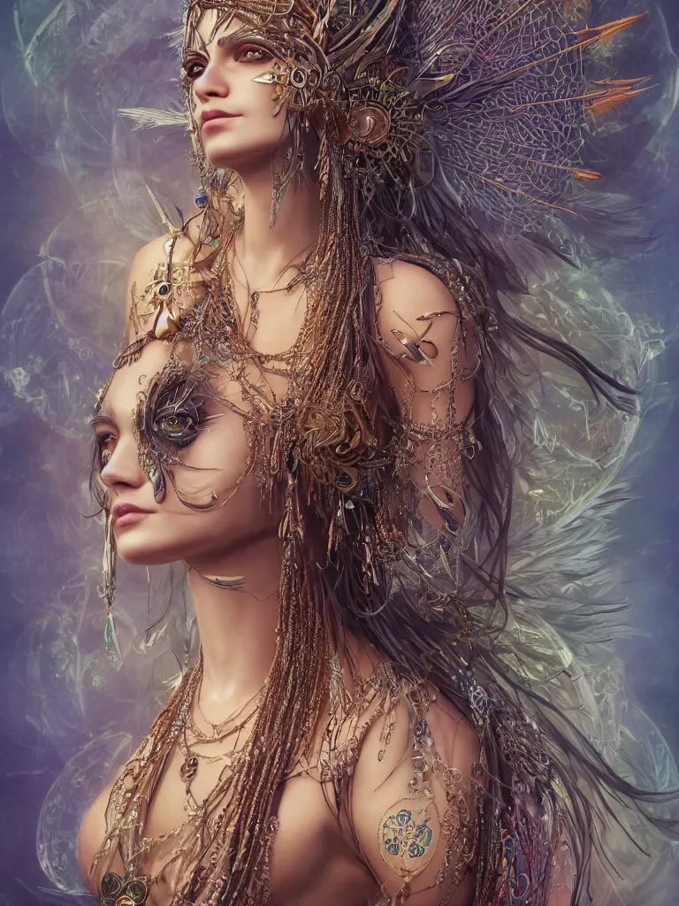 Image similar to a centered render of a single alluring mystical tribal goddess adorned with feathers and gemstones and cables and synthesizer parts is surrounded by sacred geometry made from elven architecture, full body, gorgeous, perfect face, powerful, cinematic, beautifully lit, by artgerm, by karol bak, 3 d, trending on artstation, octane render, 8 k