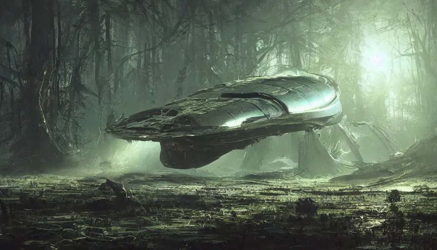 Image similar to a beautiful painting of a crashed alien space ship in a swamp, ray traced lighting by kalin popov and greg rutkowski