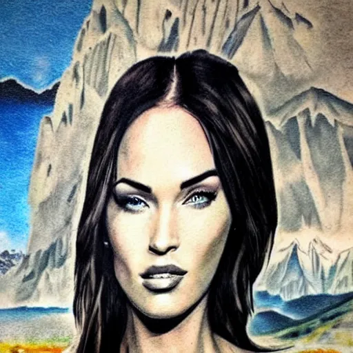 Image similar to realism tattoo sketch of double exposure megan fox with beautiful mountain scenery, in the style of andrey lukovnikov