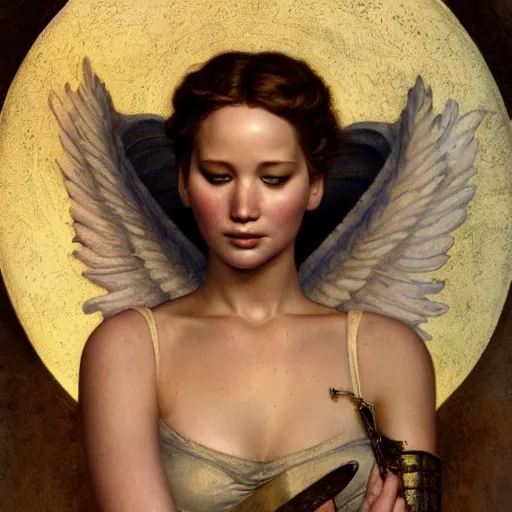 Prompt: Jennifer Lawrence as dark angel of medieval art, medium shot, intricate, elegant, highly detailed, digital painting, volumetric light, artstation, concept art, smooth, sharp focus, illustration, art by Gil Elvgren and Greg Rutkowski and Alphonse Mucha, 8K