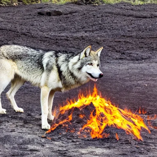 Image similar to a photo of a wolf standing next to molten lava