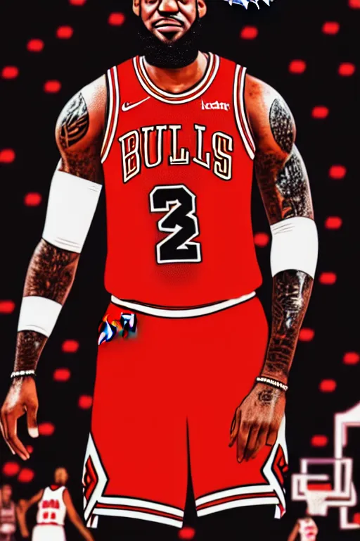 Prompt: 4 k portrait of lebron james in a chicago bulls uniform